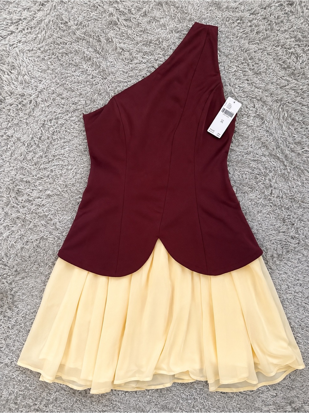 Anthropologie One-Shoulder Burgundy Top with Cream Skirt Dress